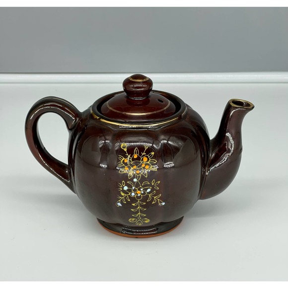 Vintage Moriage Redware Brown Betty Teapot w/ Lid Hand Painted Gold Trim Japan* - Picture 11 of 16